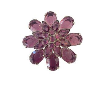 Vintage 1980s Purple Floral Silver Tone Statement Brooch With Faceted Stones vtg